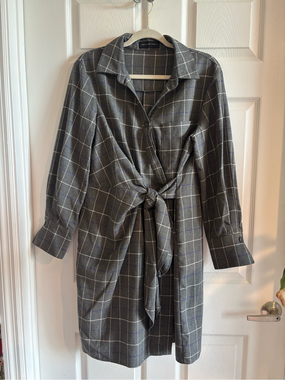 PURIFICATION GARCIA grey shirt dress with white windowpane pattern, belted - Picture 2 of 6